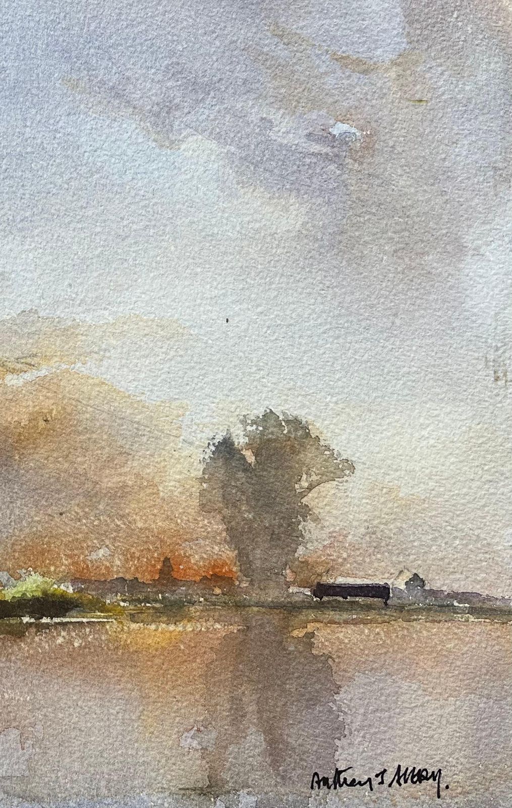 Anthony Avery British Impressionist Watercolor Of A Farm By A Riverside At Sunset photo for sale
