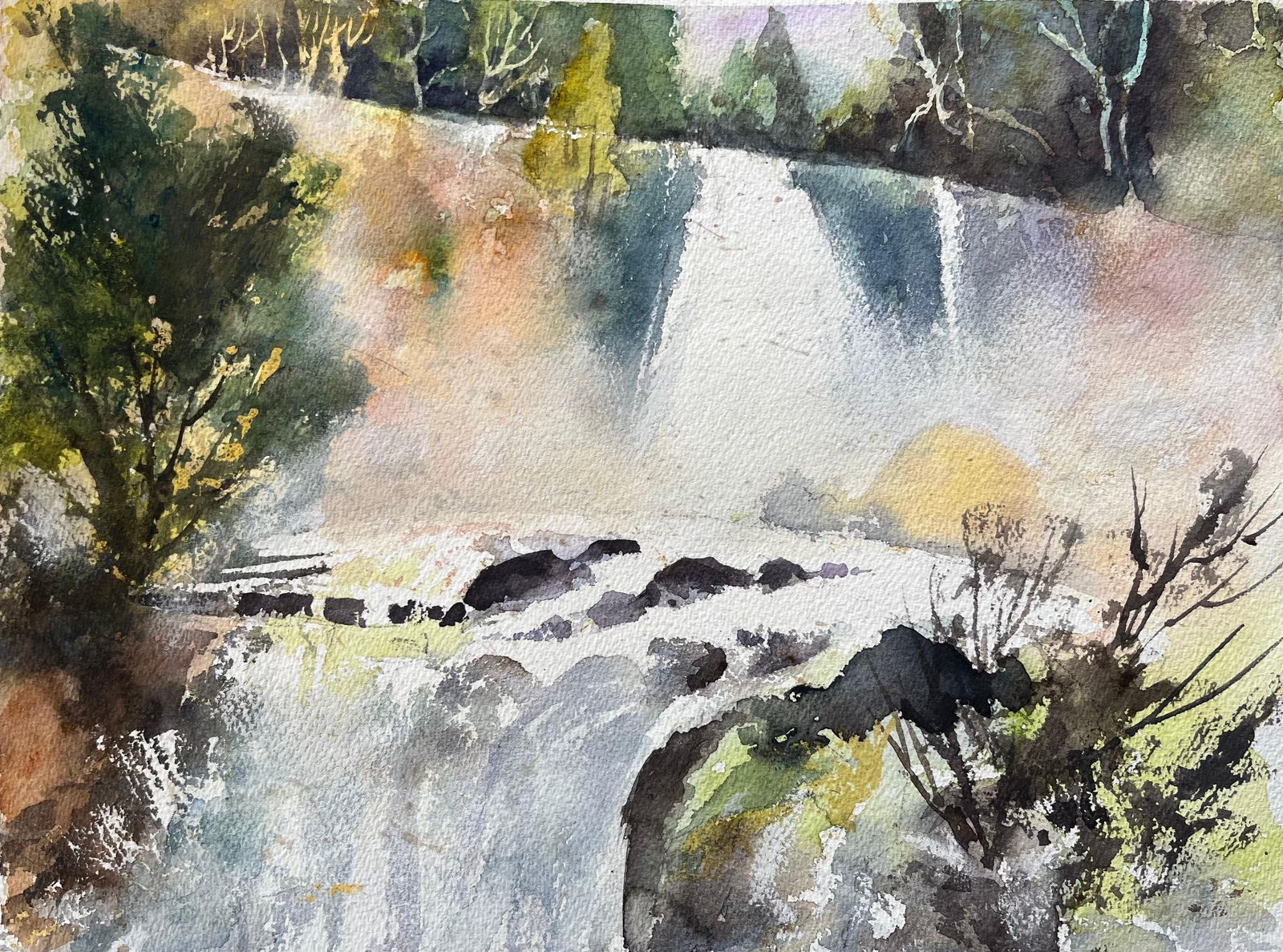 Anthony Avery British Impressionist Watercolor Of Misty Waterfall At Dawn