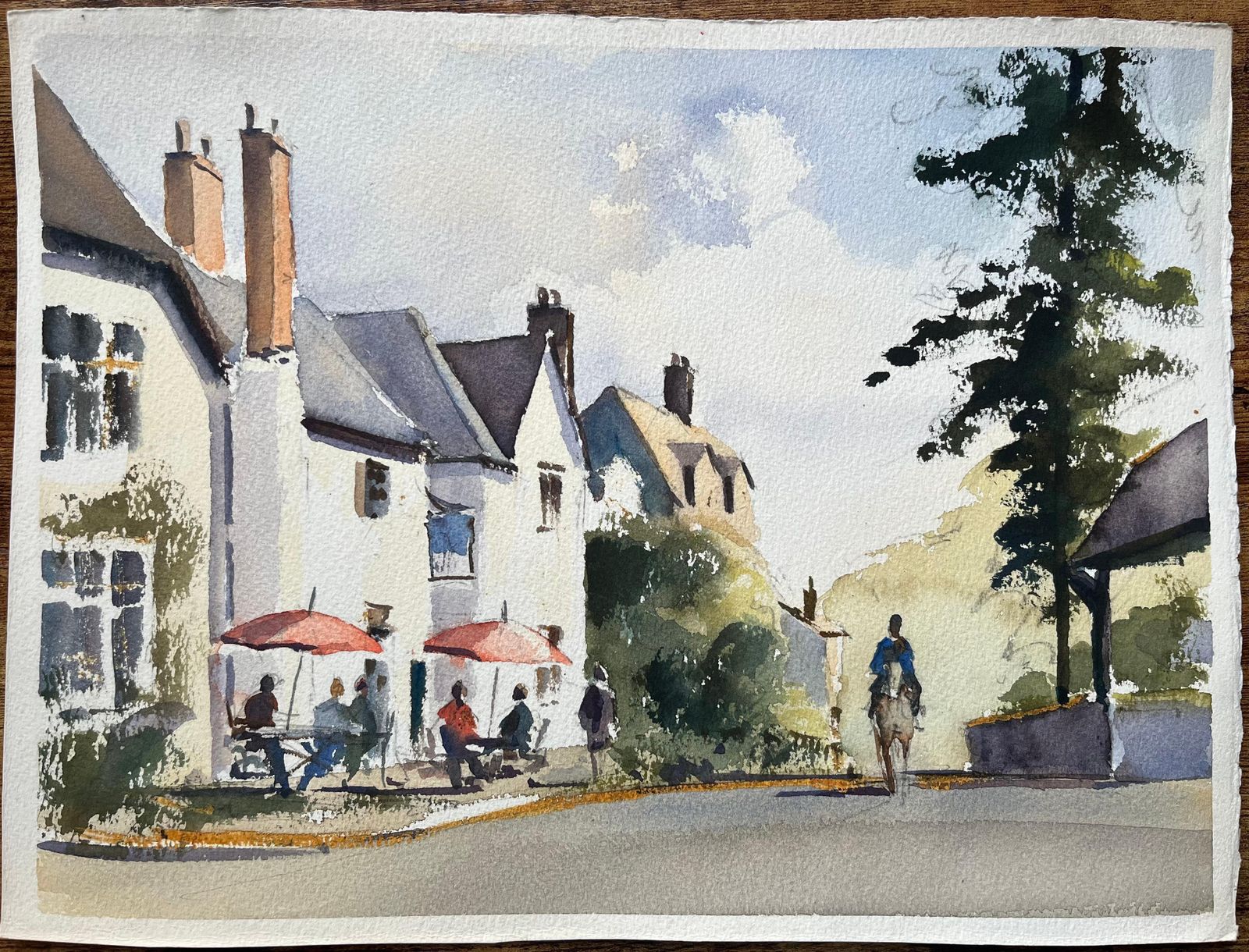 Anthony Avery British Impressionist Watercolor Of A Village Street With Outdoor Café And Horse photo furniture
