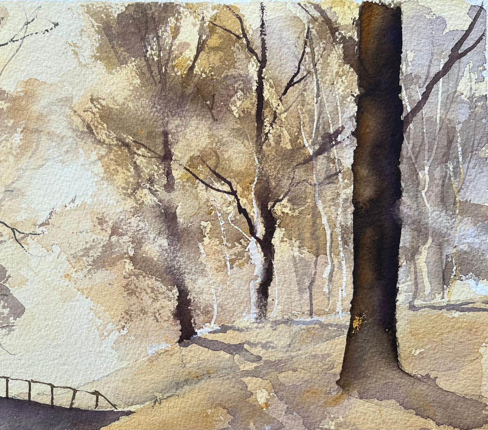 Anthony Avery British Impressionist Watercolor Of Misty Forest Scene In Sepia Tones photo 405.0