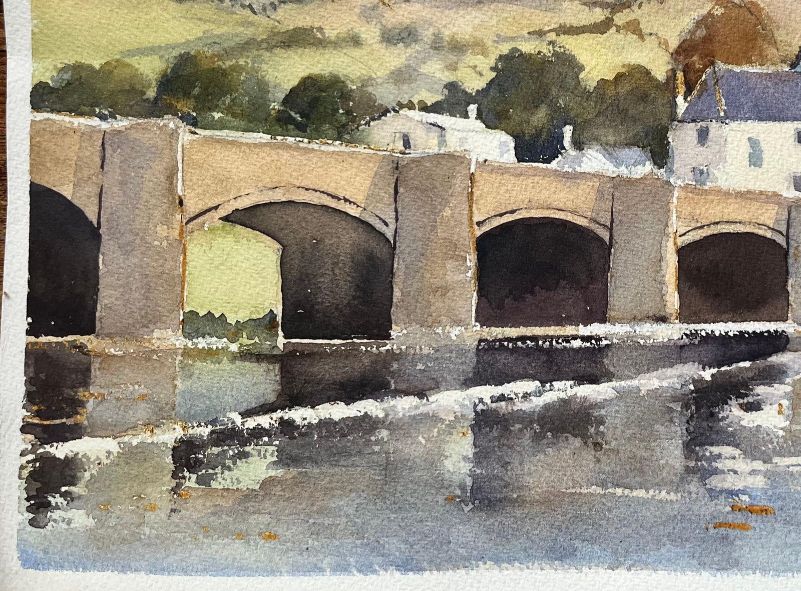 Anthony Avery British Impressionist Watercolor Of A Stone Bridge With Hills And A Church photo 500.0