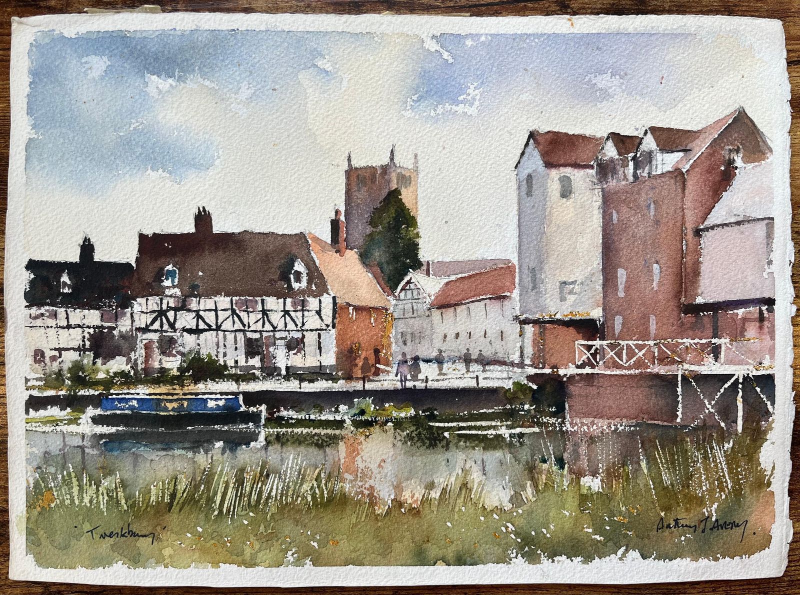 Anthony Avery British Impressionist Watercolor Of Riverside Scene Of Tewkesbury photo furniture
