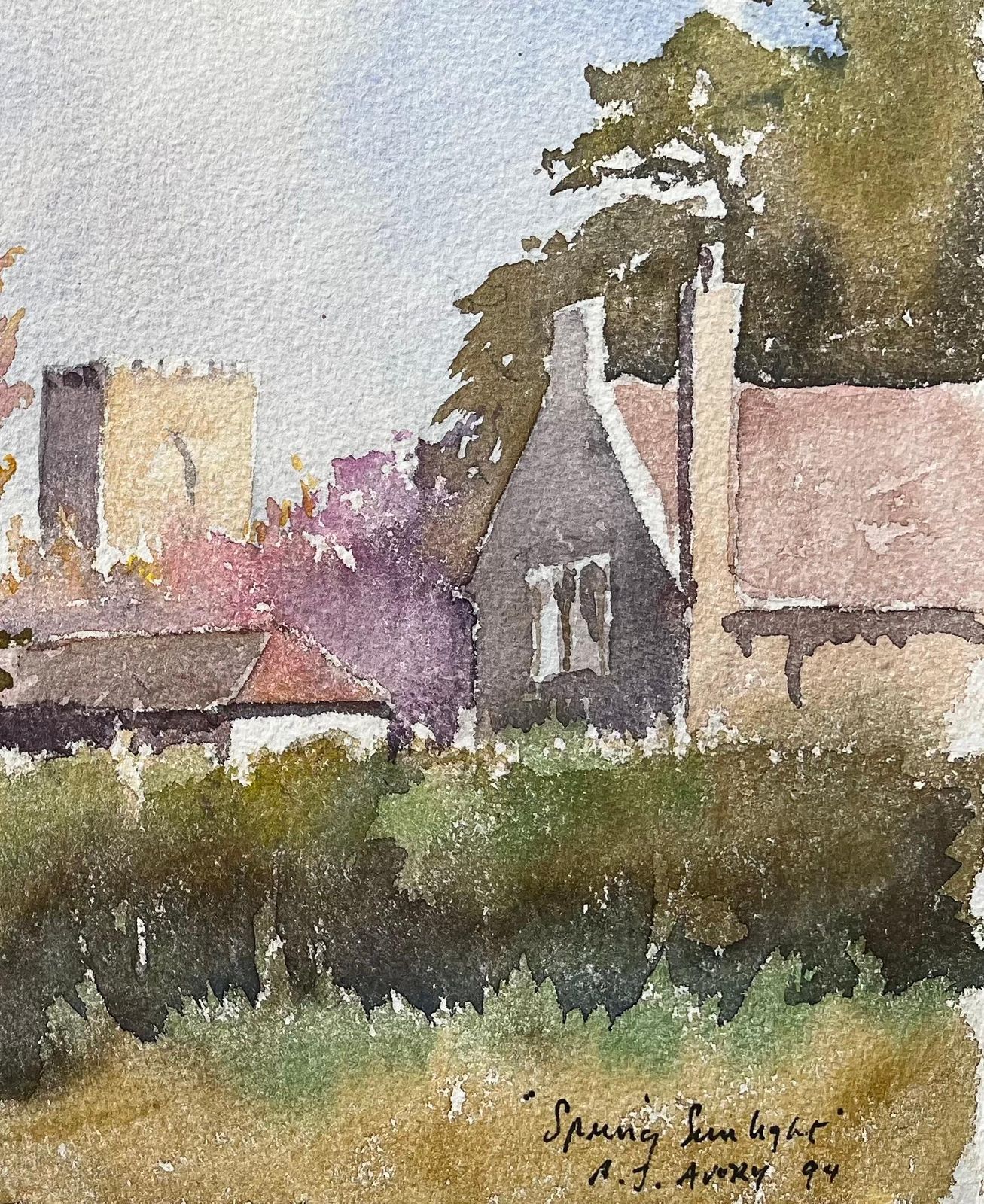 Anthony Avery British Impressionist Watercolor Of An English Village In Spring Sunlight 1994 photo Art