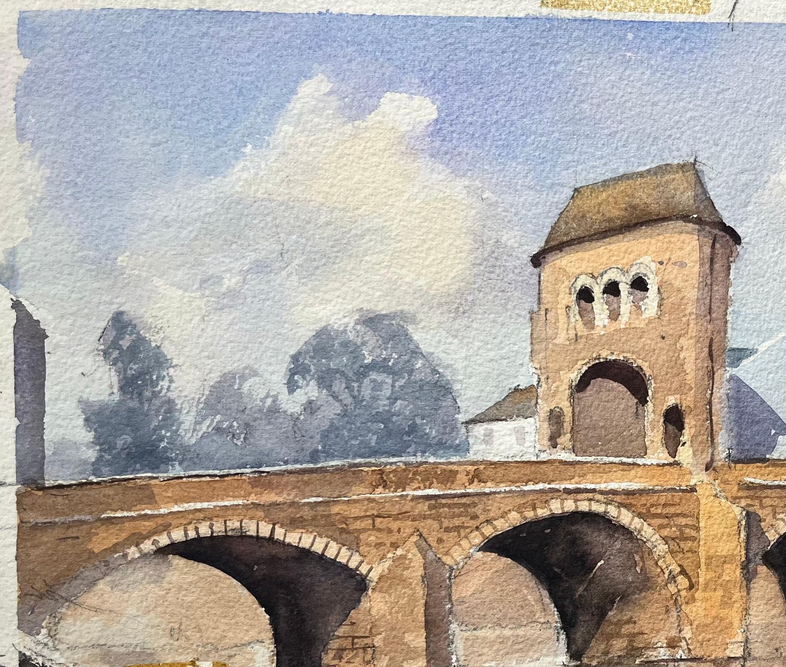 Anthony Avery British Impressionist Watercolor Of A Sunlit Stone Bridge And Riverside Village photo for sale
