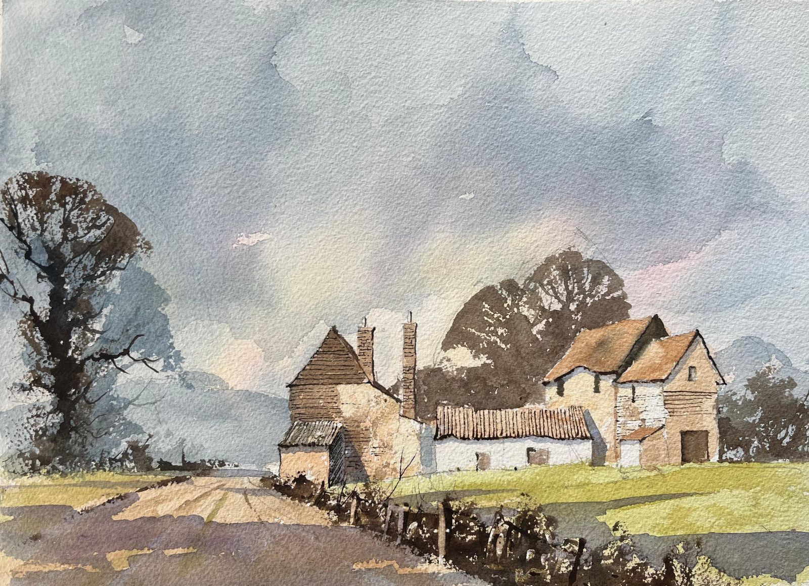 Anthony Avery British Impressionist Watercolor Of Rural Farmstead In Soft Morning Light