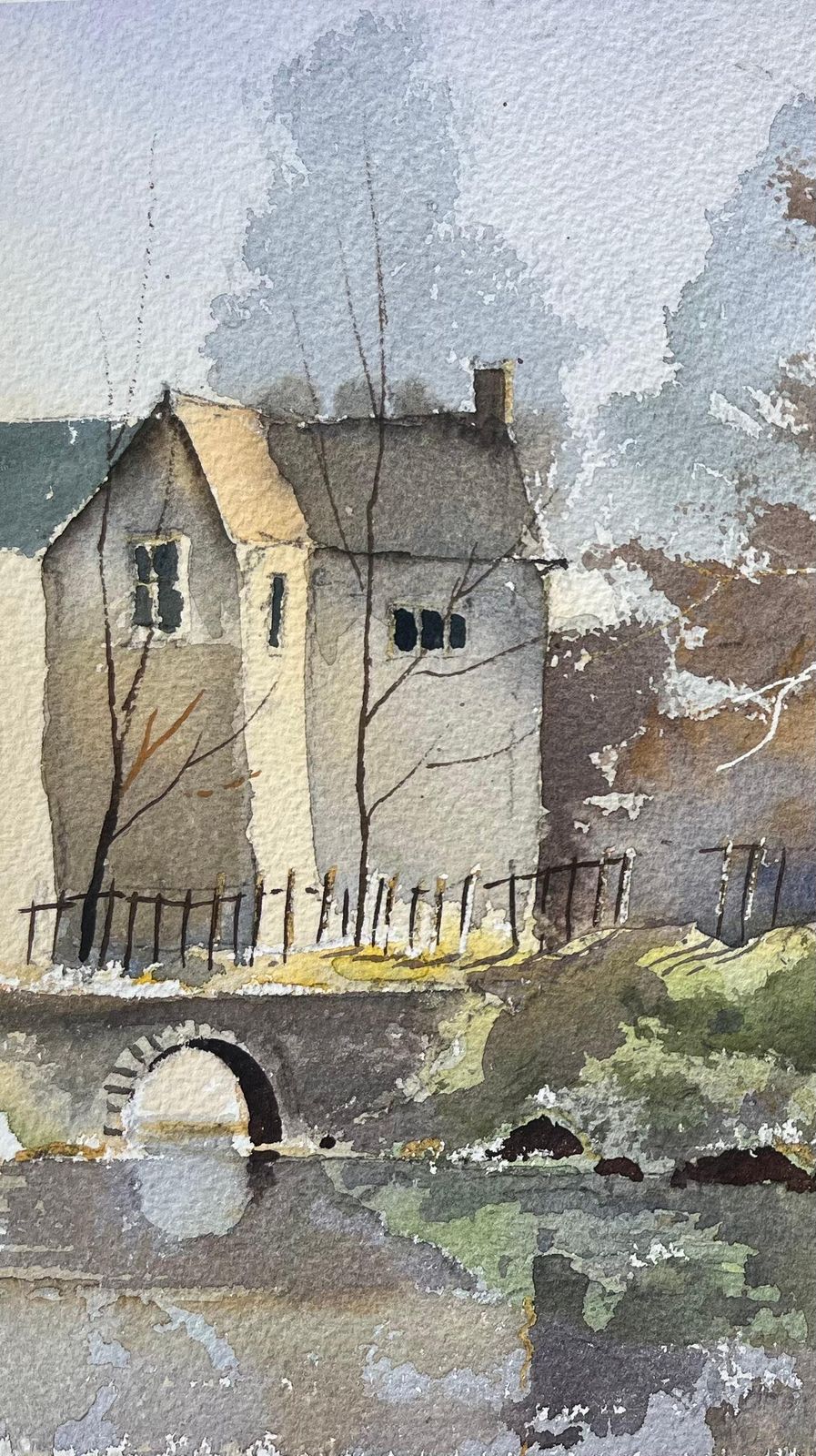 Anthony Avery British Impressionist Watercolor Of A Riverside House And Arch Bridge In Autumn photo for sale