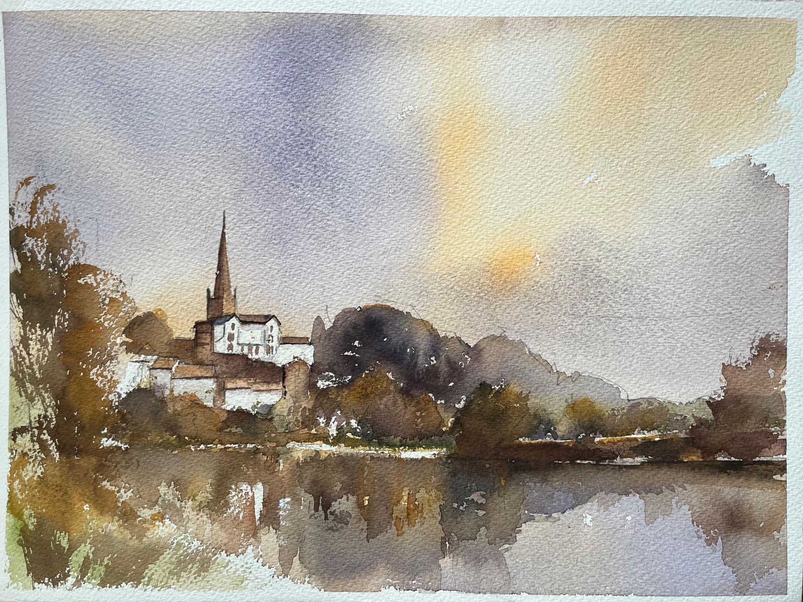 Anthony Avery British Impressionist Watercolor Of A Riverside Village And Church At Twilight