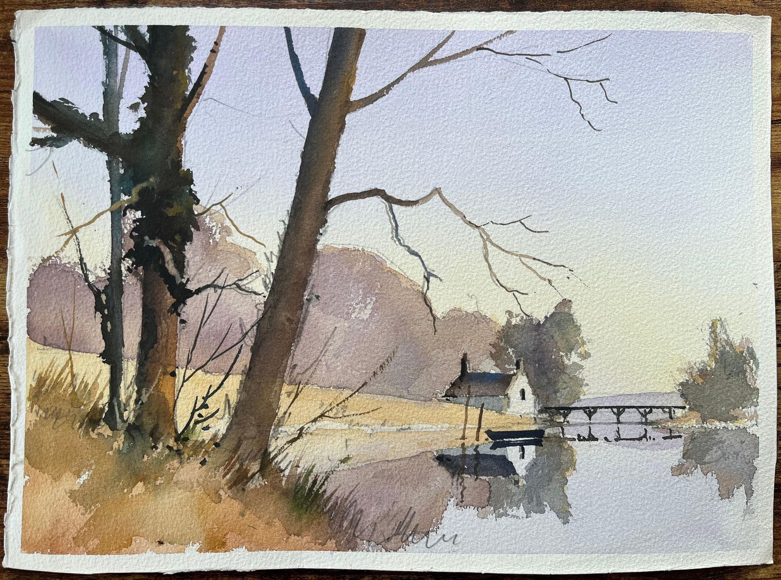 Anthony Avery British Impressionist Watercolor Of Landscape With Riverside Cottage And Trees photo furniture