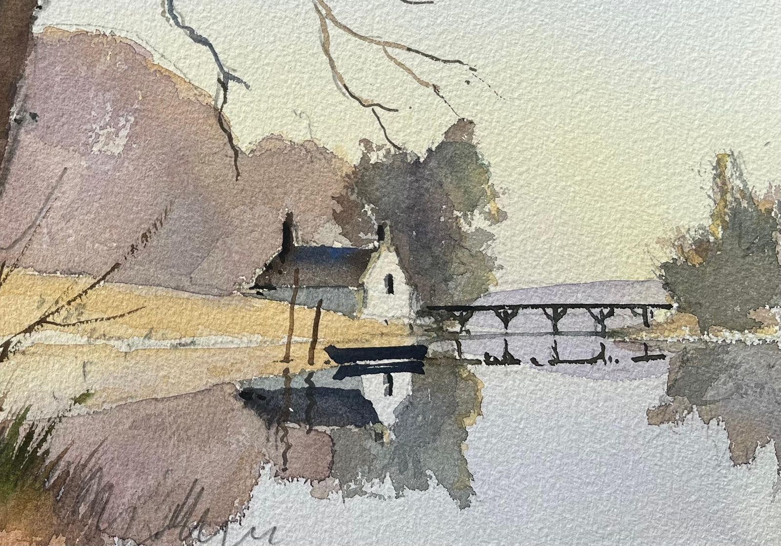 Anthony Avery British Impressionist Watercolor Of Landscape With Riverside Cottage And Trees photo Art