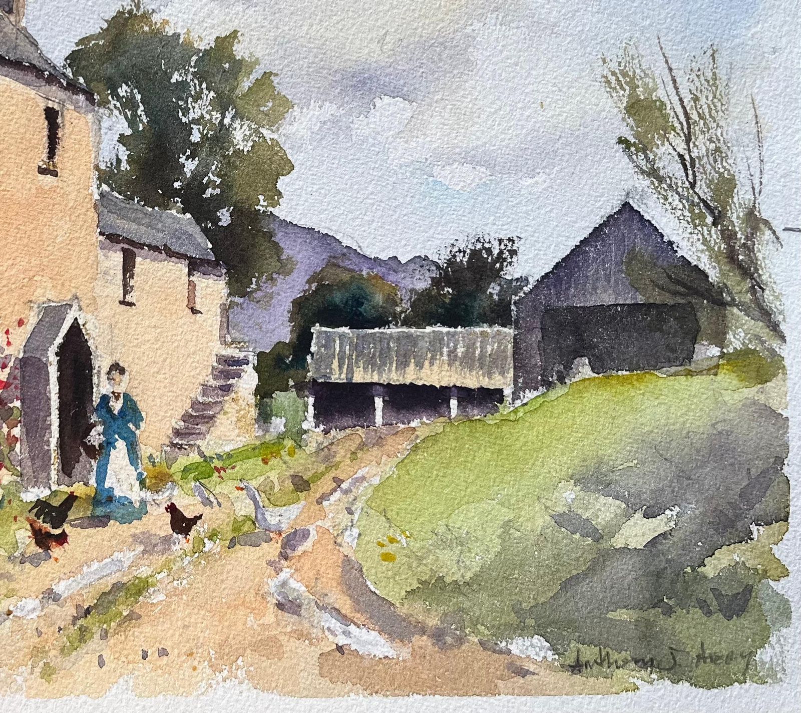 Anthony Avery British Impressionist Watercolor Of A Farmhouse With A Figure Feeding Chickens photo Art