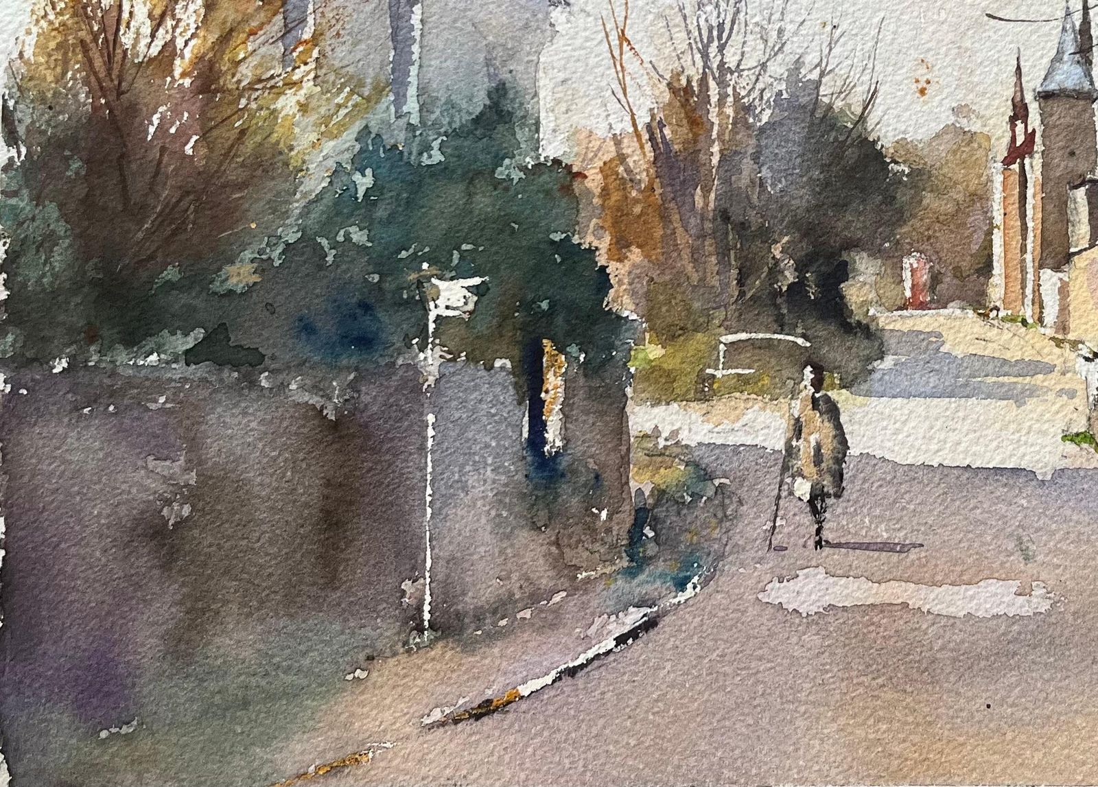 Anthony Avery British Impressionist Watercolor Of A Lone Figure Walking Along A Village Street photo for sale