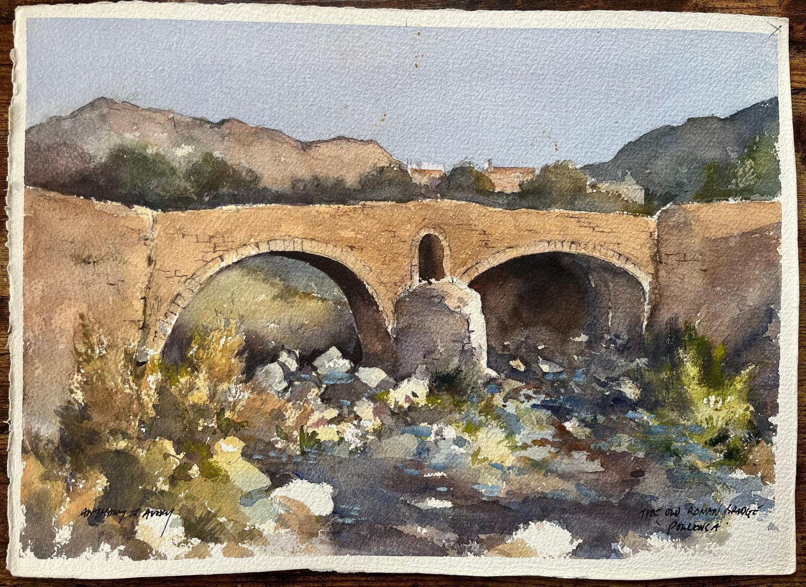 Anthony Avery British Impressionist Watercolor Of An Old Roman Bridge In Pollenca, Mallorca photo furniture