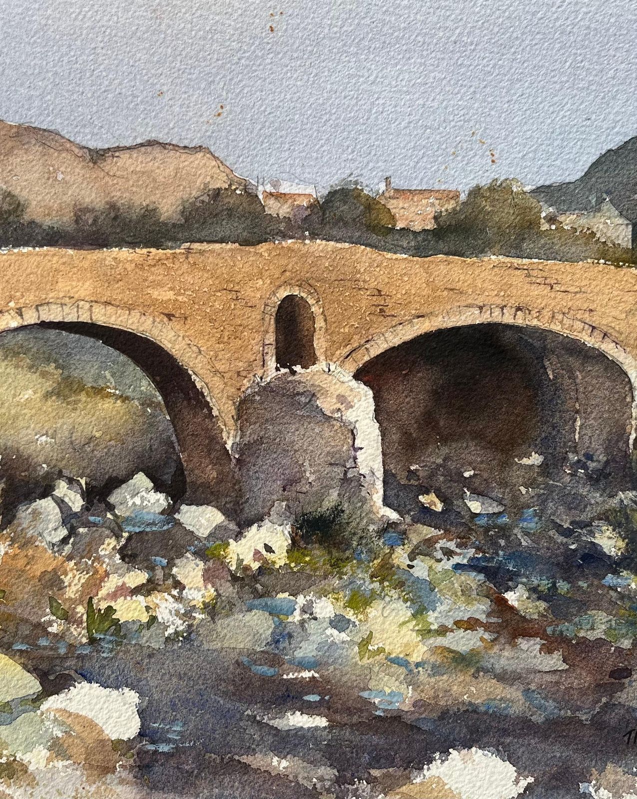 Anthony Avery British Impressionist Watercolor Of An Old Roman Bridge In Pollenca, Mallorca photo Art