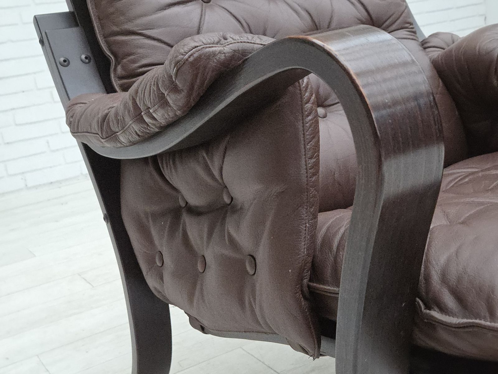 1970s, Scandinavian Vintage Design, Armchair, Brown Leather, Bent Wood. photo Furniture