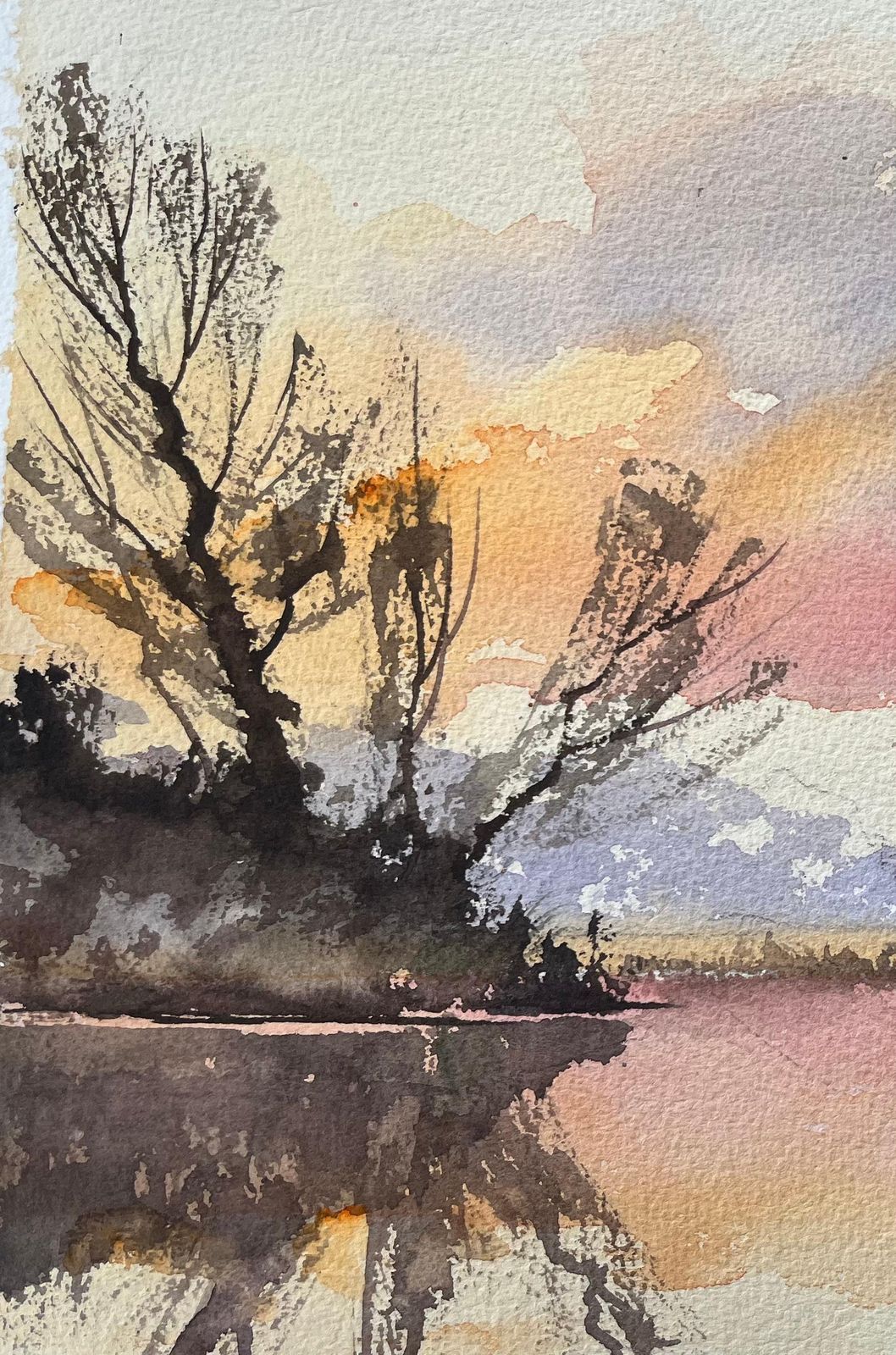 Anthony Avery British Impressionist Watercolor Of Dusky Reflections On A Tranquil Lake photo for sale
