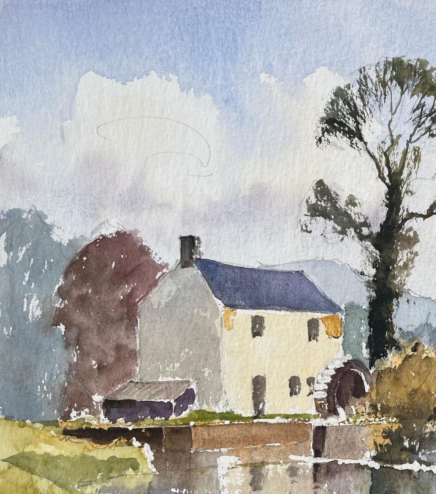Anthony Avery British Impressionist Watercolor Of Riverside Mill And Countryside Landscape photo for sale