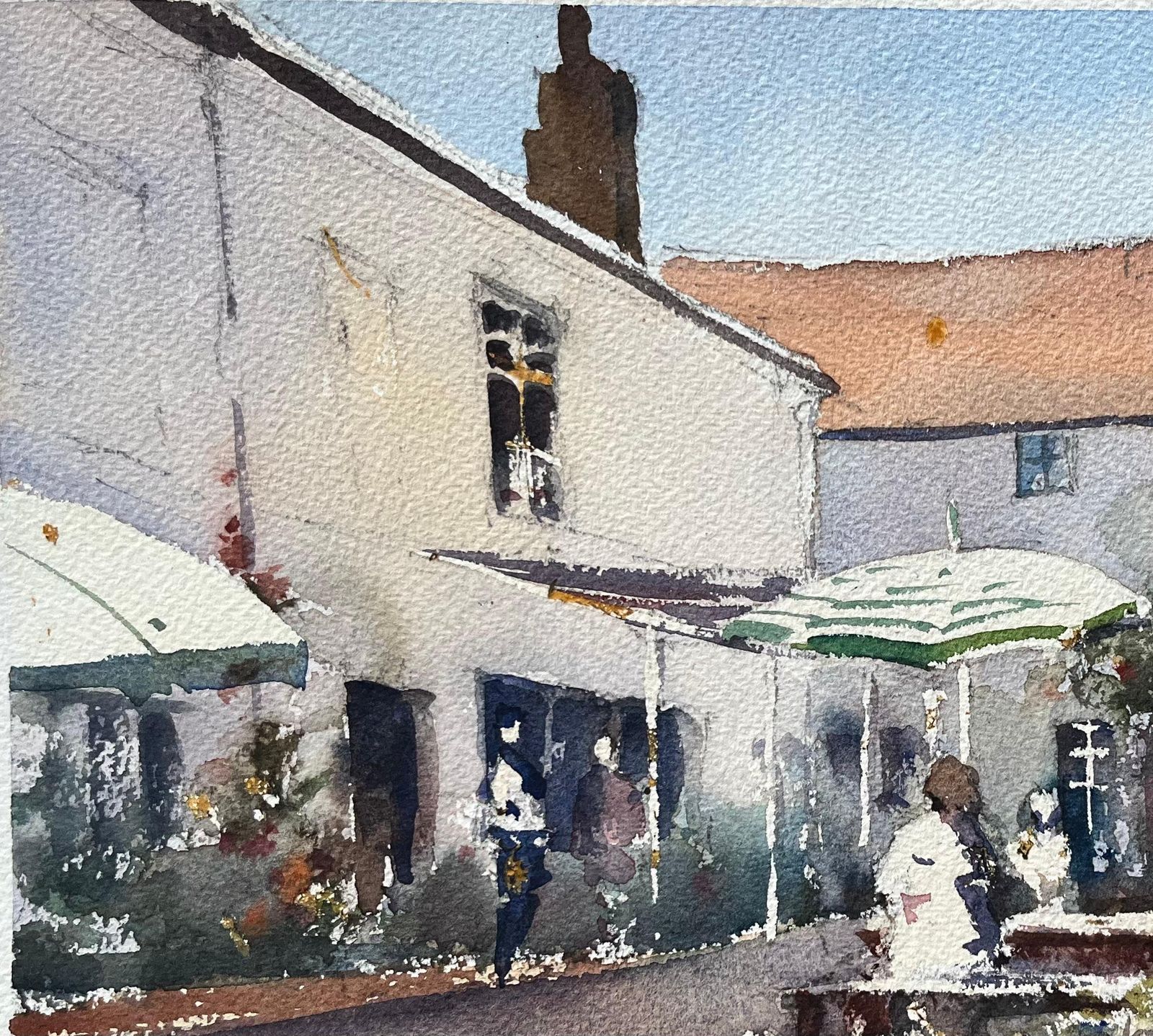 Anthony Avery British Impressionist Watercolor Of A Busy Sunny Courtyard Café Scene photo vinterior