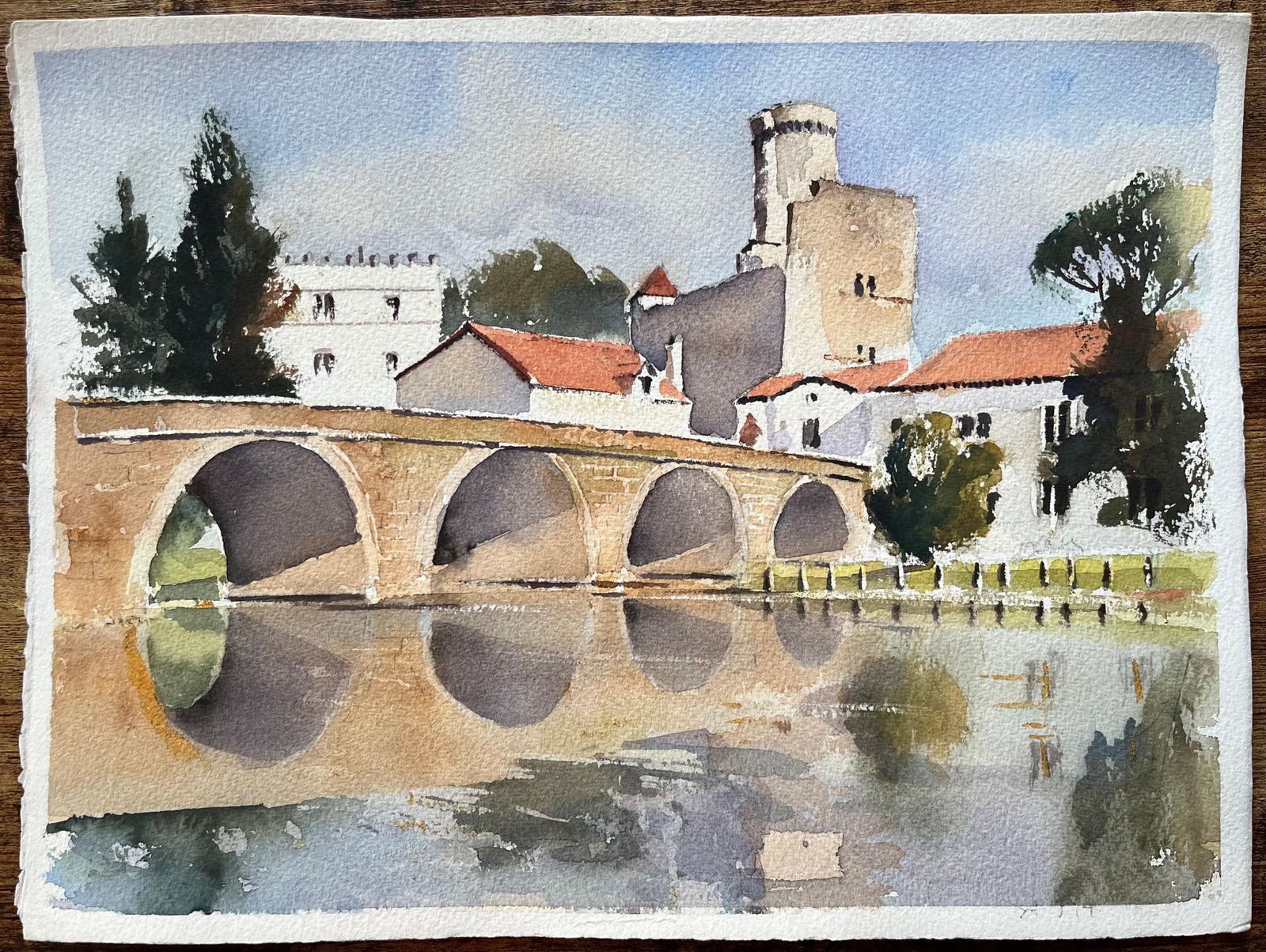 Anthony Avery British Impressionist Watercolor Of A Stone Bridge And Historic Tower photo furniture