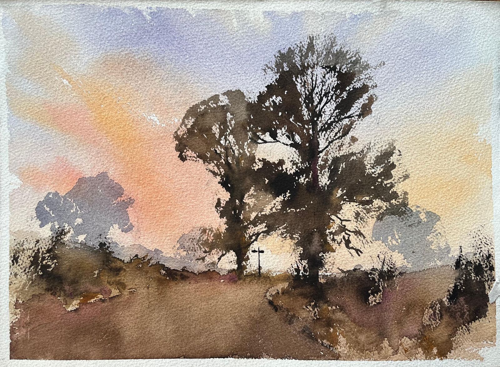 Anthony Avery British Impressionist Watercolor Of Crossroads Bathed In The Warm, Fading Light
