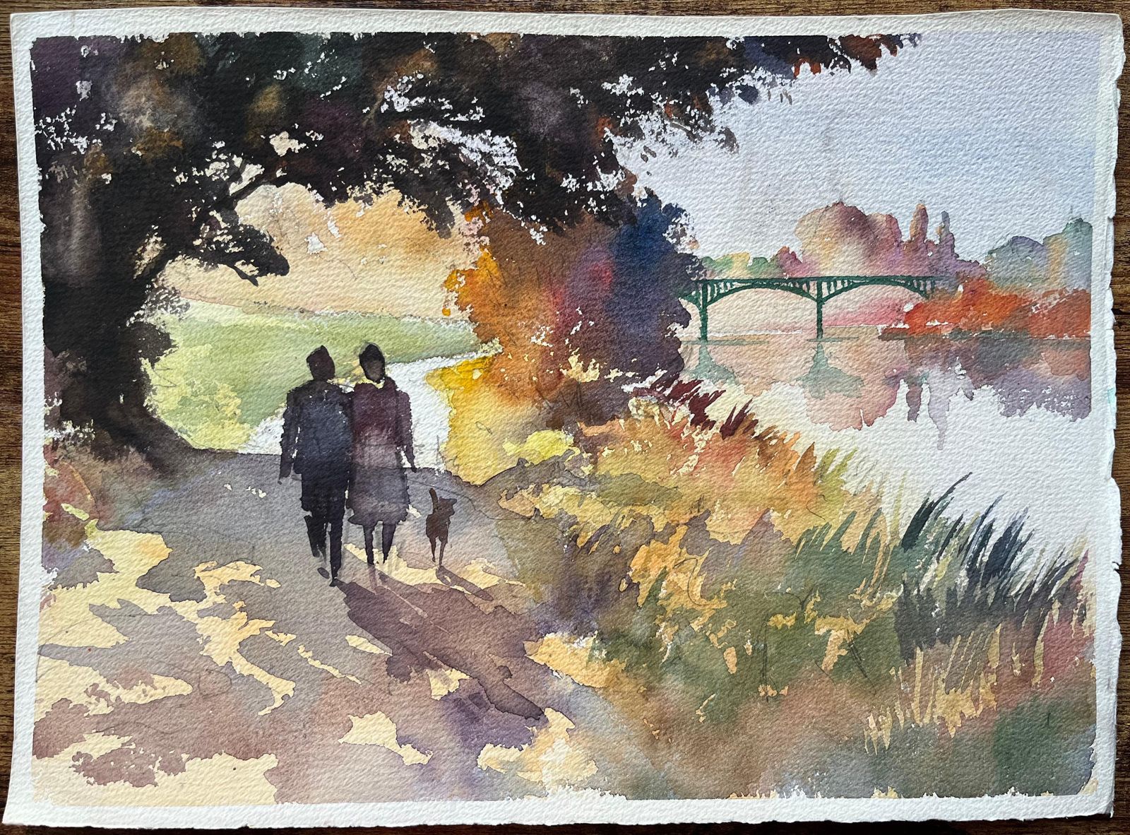 Anthony Avery British Impressionist Watercolor Of Couple Taking Their Dog On A Riverside Walk photo furniture