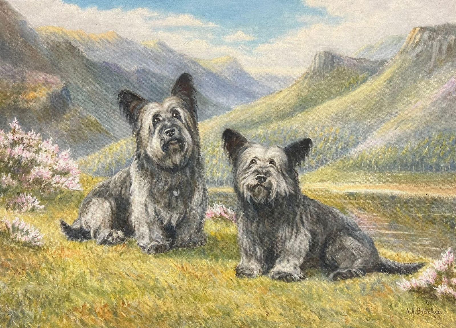 A. J. Blackie Two Cairn Highland Terriers Dogs In Scottish Highlands Landscape Signed Painting photo furniture
