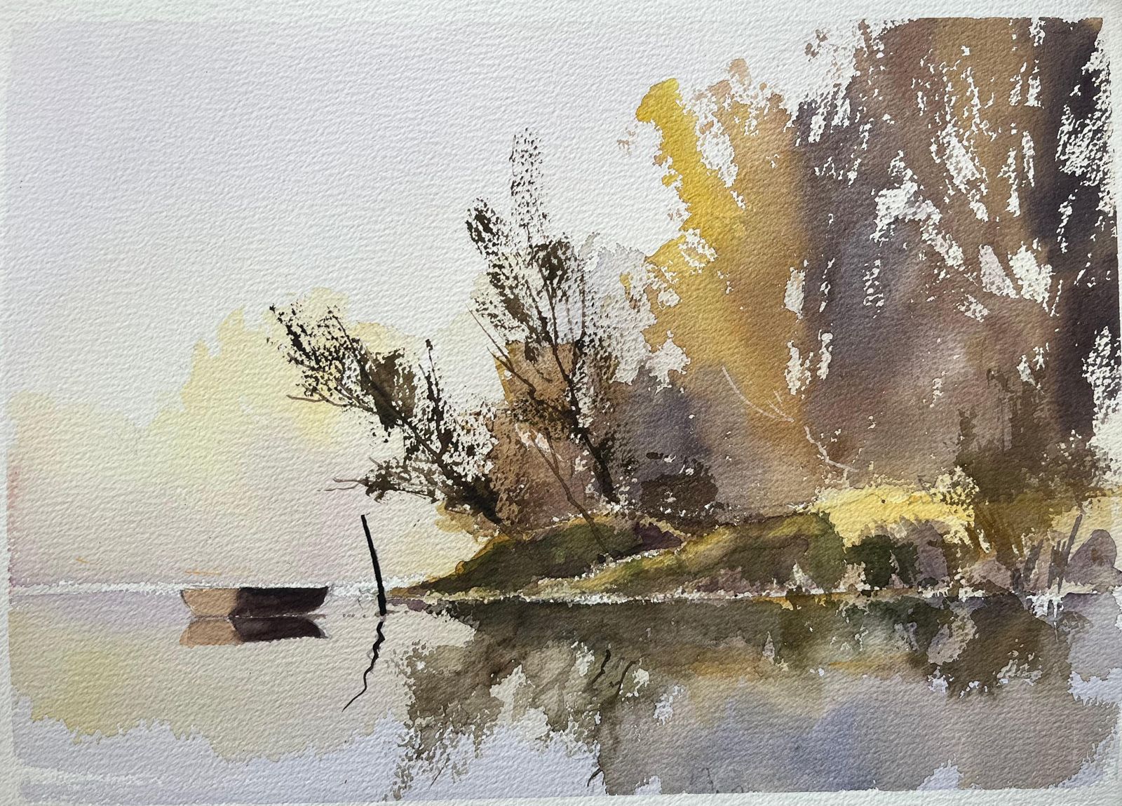 Anthony Avery British Impressionist Watercolor Of A Tranquil Riverside Scene With Boat