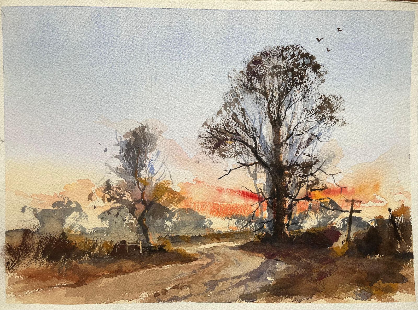 Anthony Avery British Impressionist Watercolor Of A Vibrant Sunset Over A Country Landscape