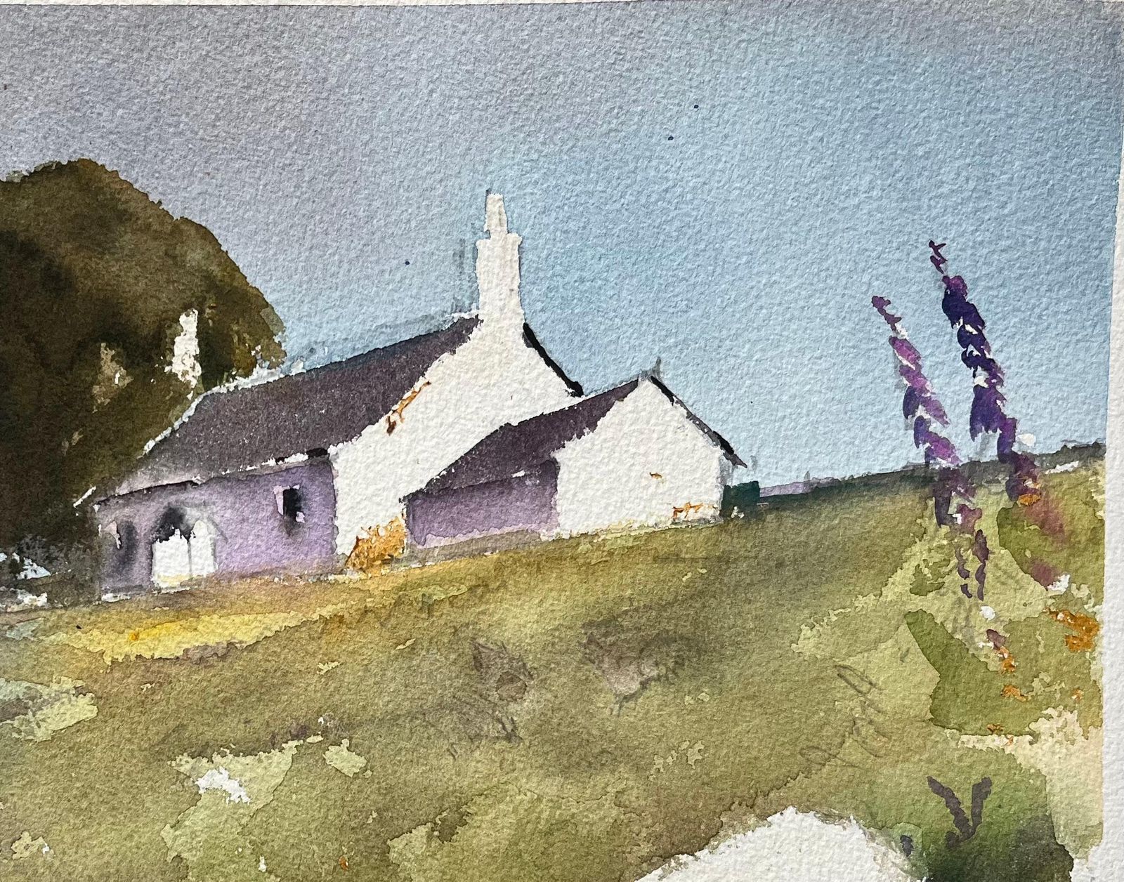 Anthony Avery British Impressionist Watercolor Of A Hilltop House And Outhouse With Wildflower photo vinterior