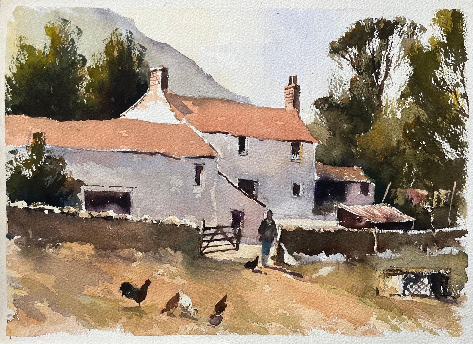 Anthony Avery British Impressionist Watercolor Of A Farmyard Scene With A Figure And Chickens