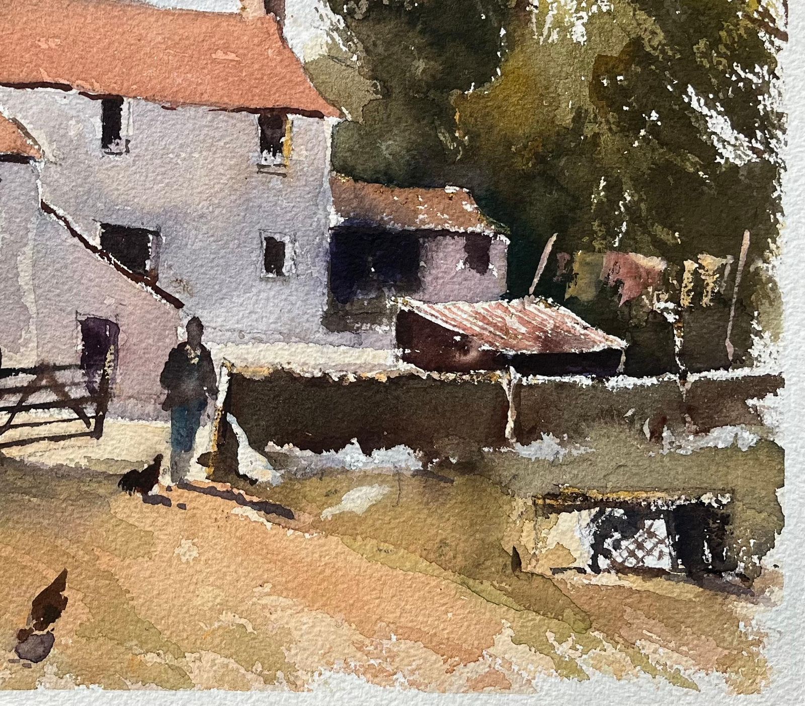 Anthony Avery British Impressionist Watercolor Of A Farmyard Scene With A Figure And Chickens photo for sale