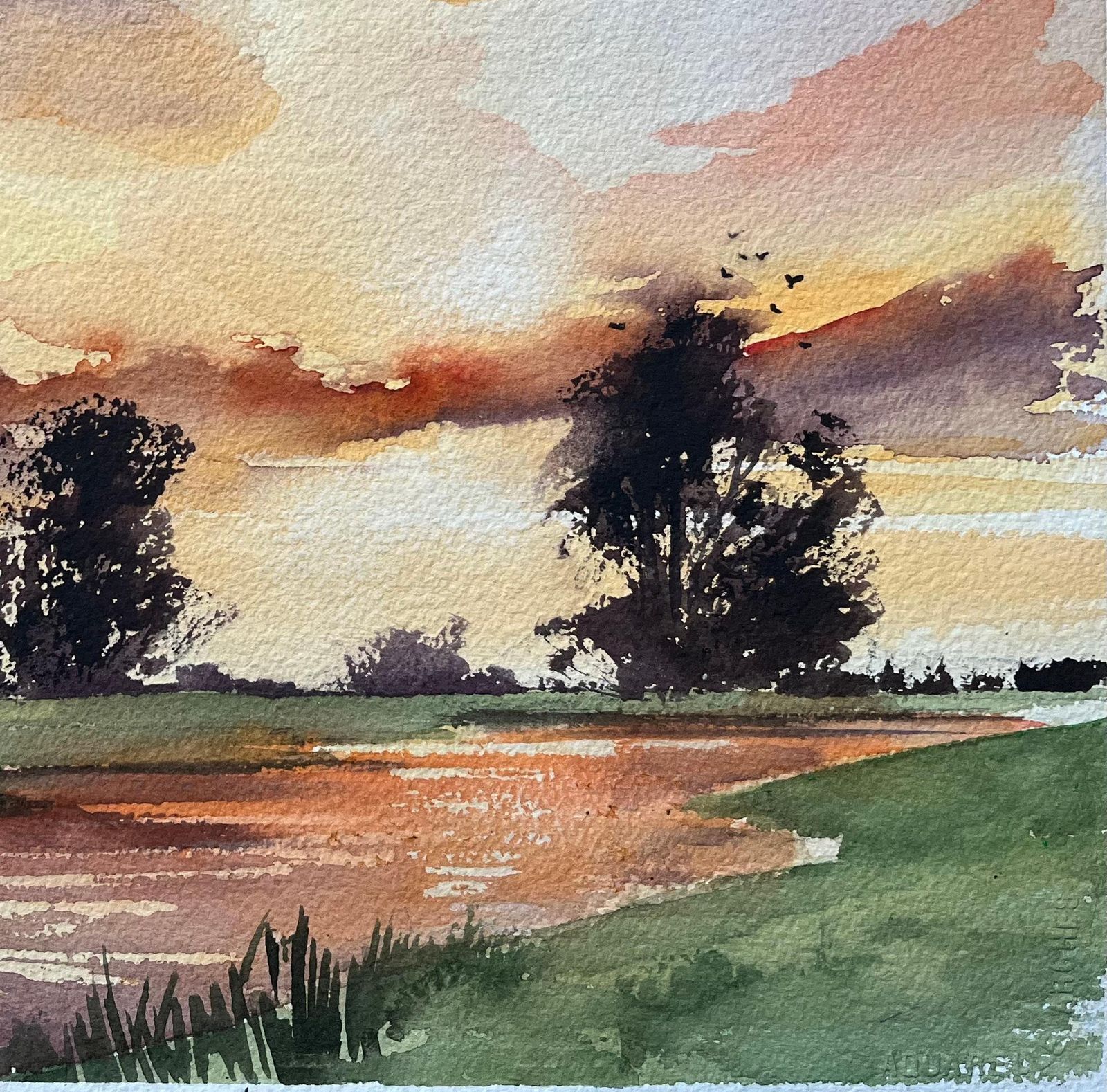 Anthony Avery British Impressionist Watercolor Of A Vivid Sunset Over A Tranquil Countryside photo for sale