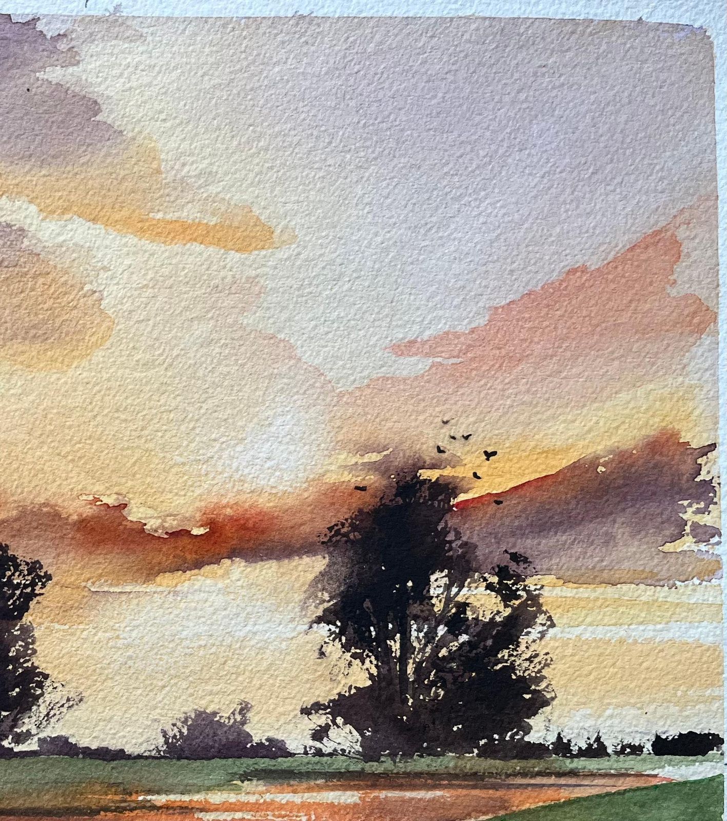 Anthony Avery British Impressionist Watercolor Of A Vivid Sunset Over A Tranquil Countryside photo Art