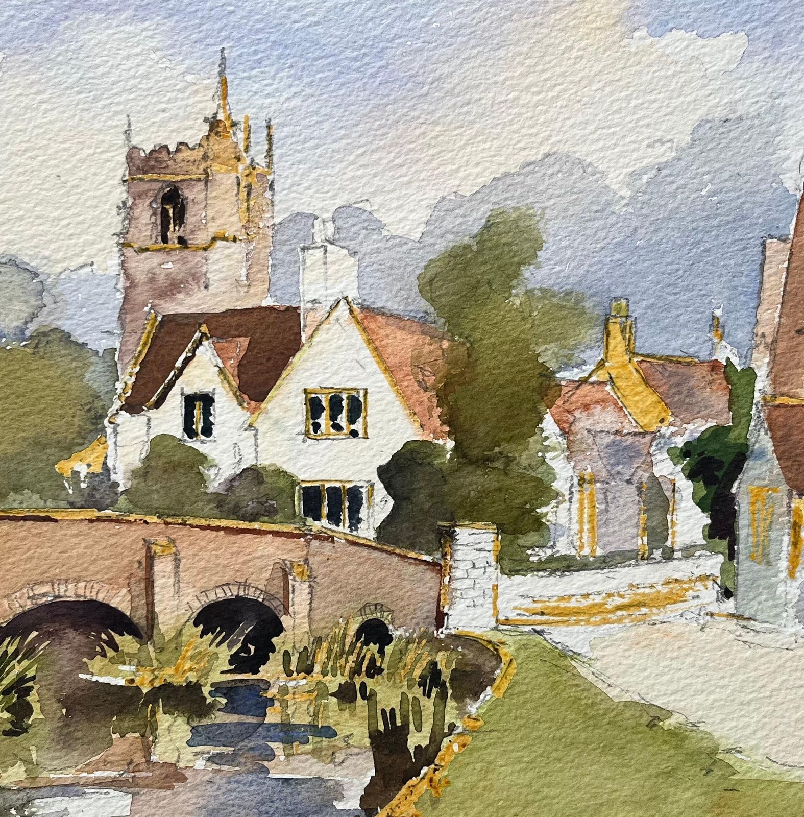 Anthony Avery British Impressionist Watercolor Of A Village Scene With Church And Bridge photo buy