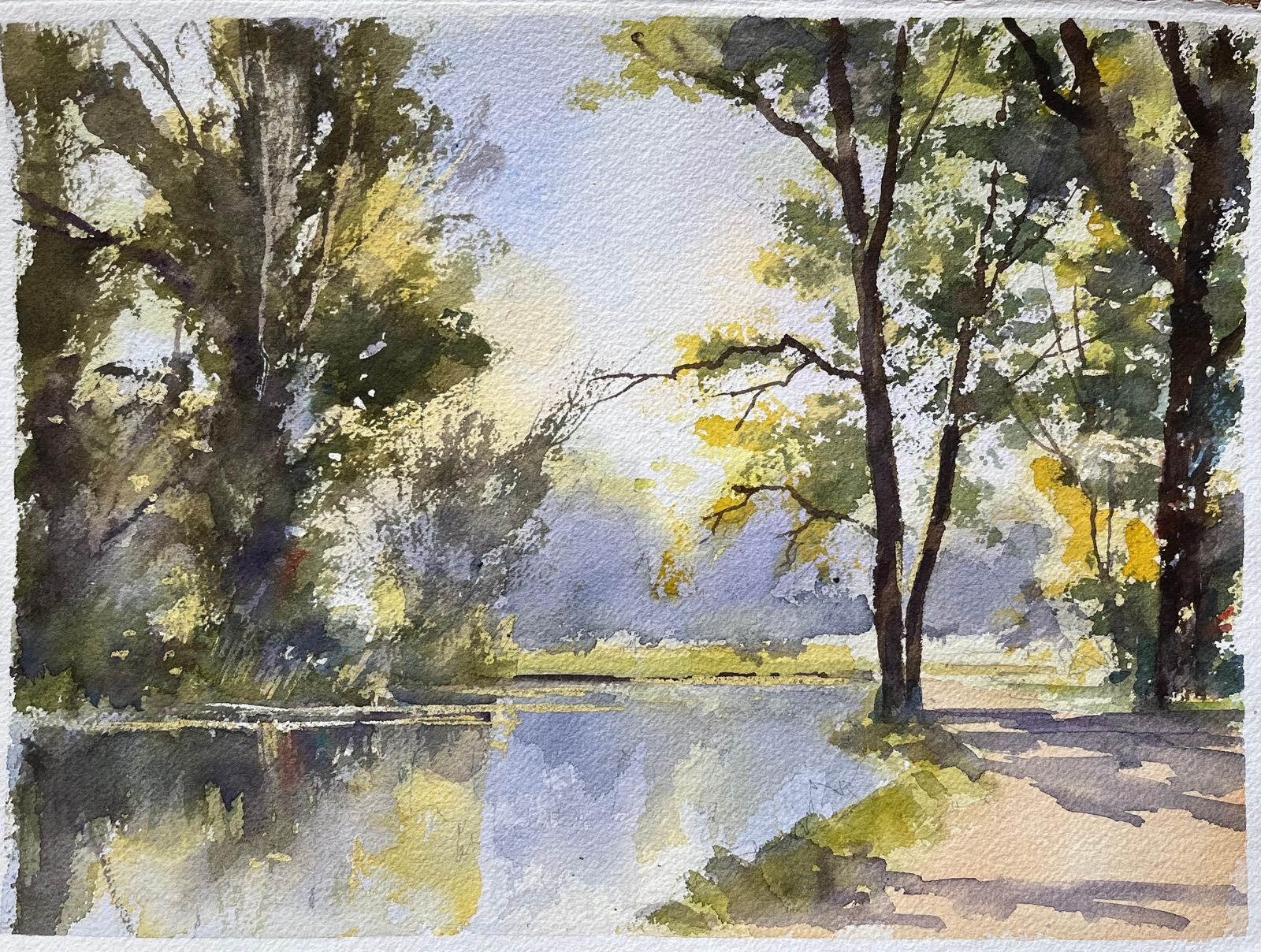Anthony Avery British Watercolor Of A Tranquil Riverside Path With Trees And Reflections