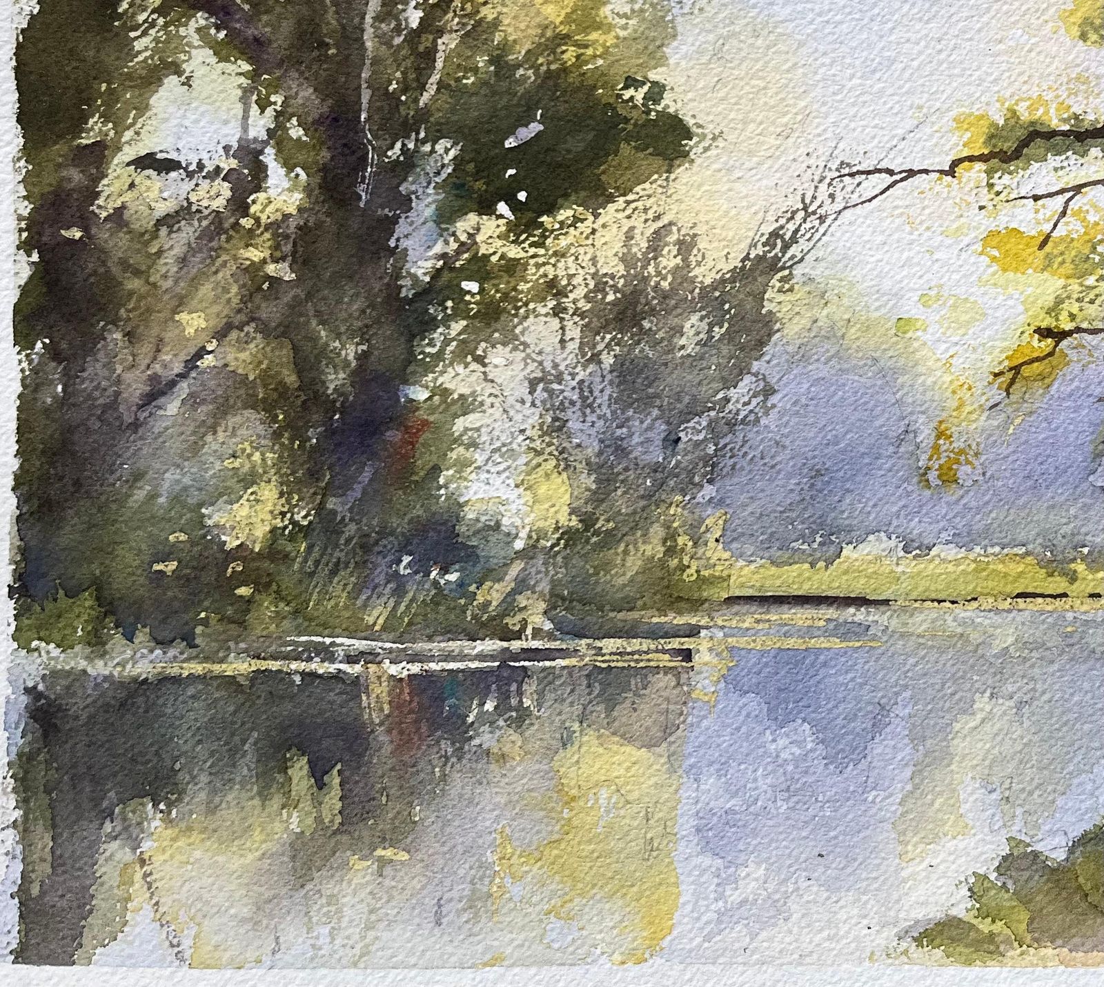 Anthony Avery British Watercolor Of A Tranquil Riverside Path With Trees And Reflections photo 525.0