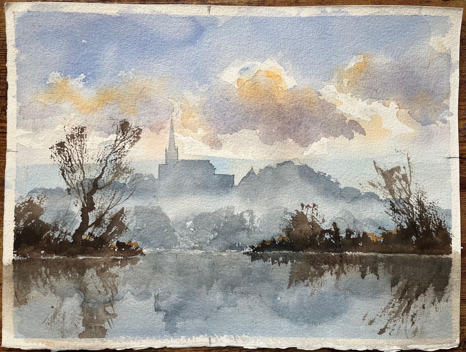 Anthony Avery British Impressionist Watercolor Of A Misty River With Church Spire photo furniture