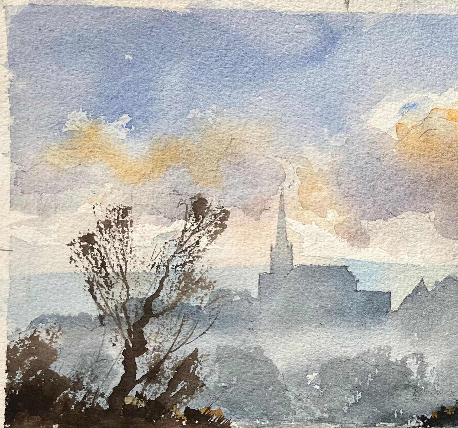 Anthony Avery British Impressionist Watercolor Of A Misty River With Church Spire photo for sale