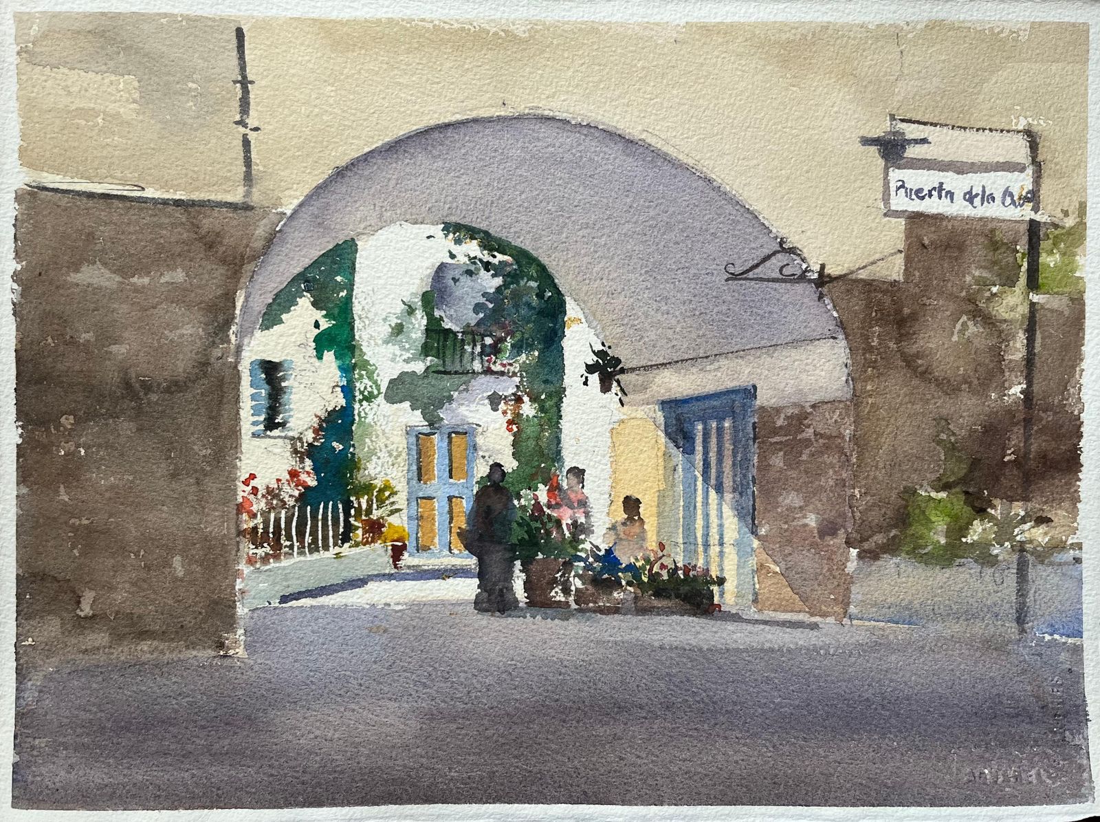 Anthony Avery British Impressionist Watercolor Of An Arched Courtyard Entrance With Figures
