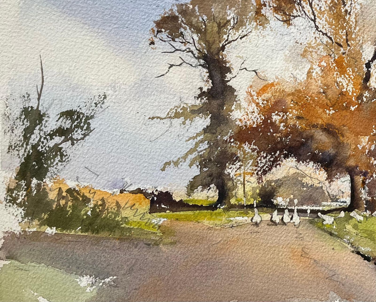 Anthony Avery British Impressionist Watercolor Of Autumn Trees And Farm Lane With Geese photo Art