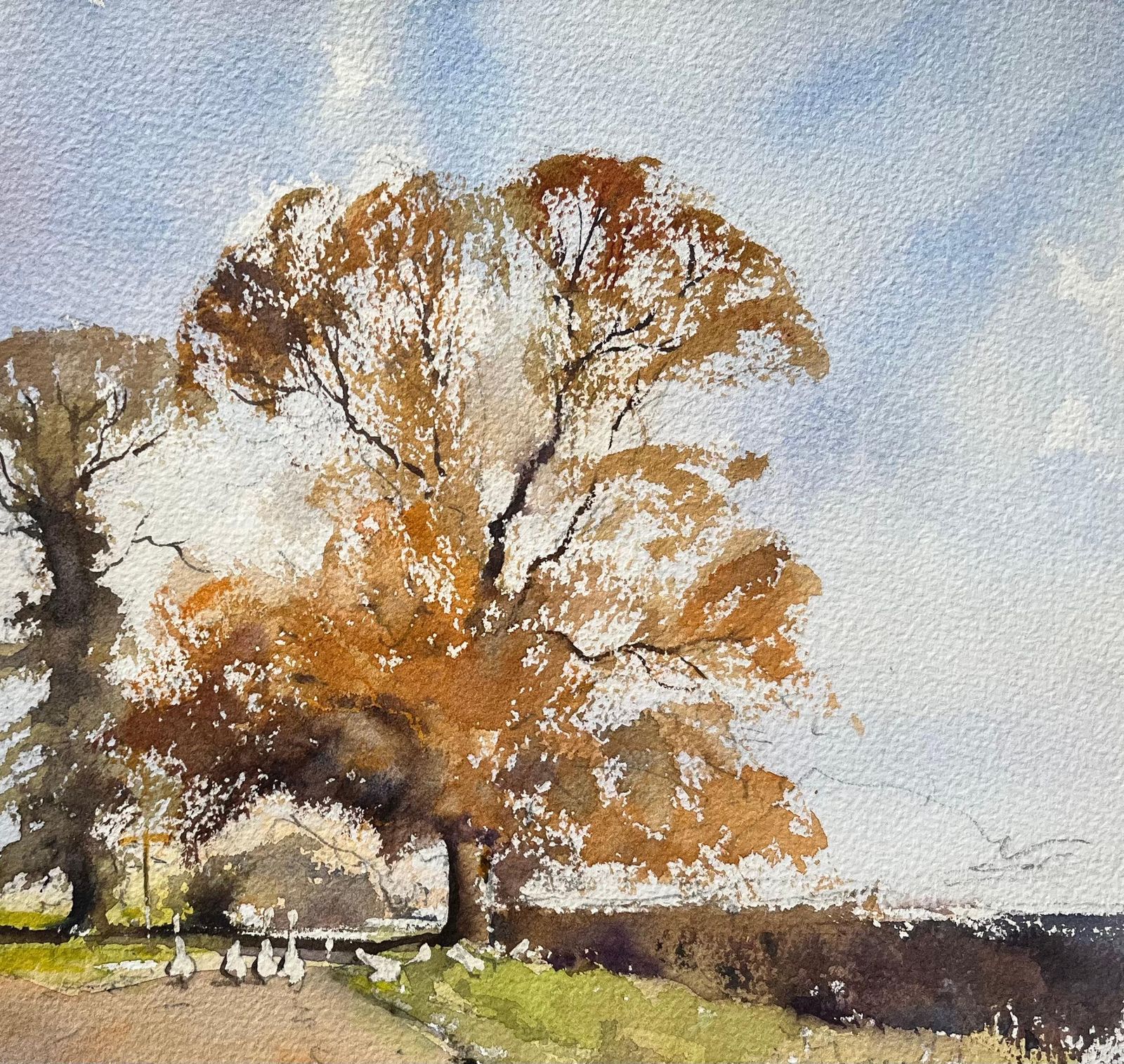 Anthony Avery British Impressionist Watercolor Of Autumn Trees And Farm Lane With Geese photo 460.0