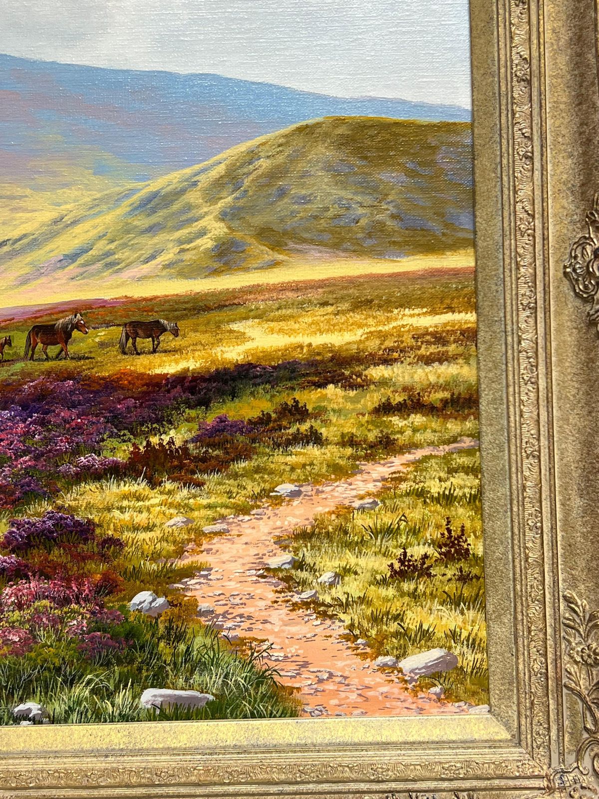 Brian Horswell Large British Oil Painting Ponies On Dartmoor Heathland Hillside Stream Heather 1953 photo buy