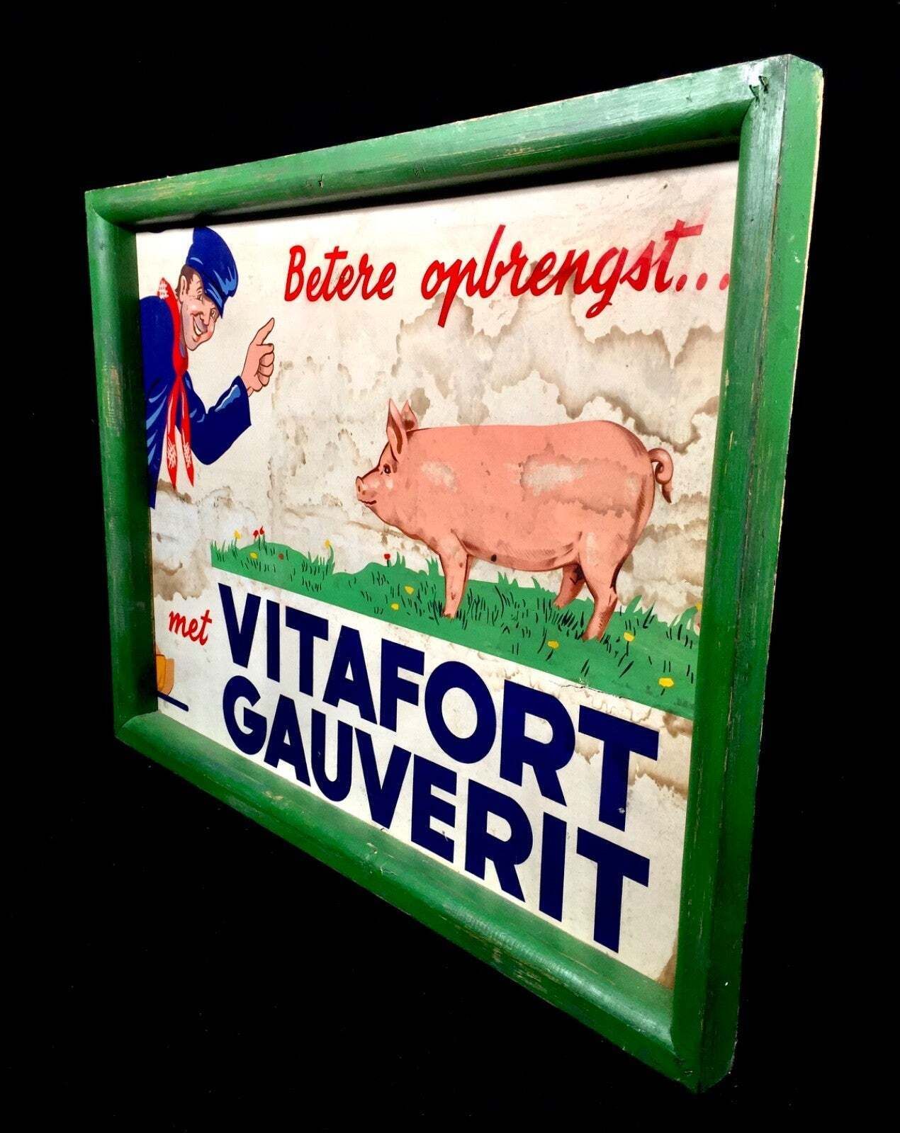 Antique Advertising Framed Vitafort Gauverit Cattle Fodder Sign Picture C.1950 photo Art
