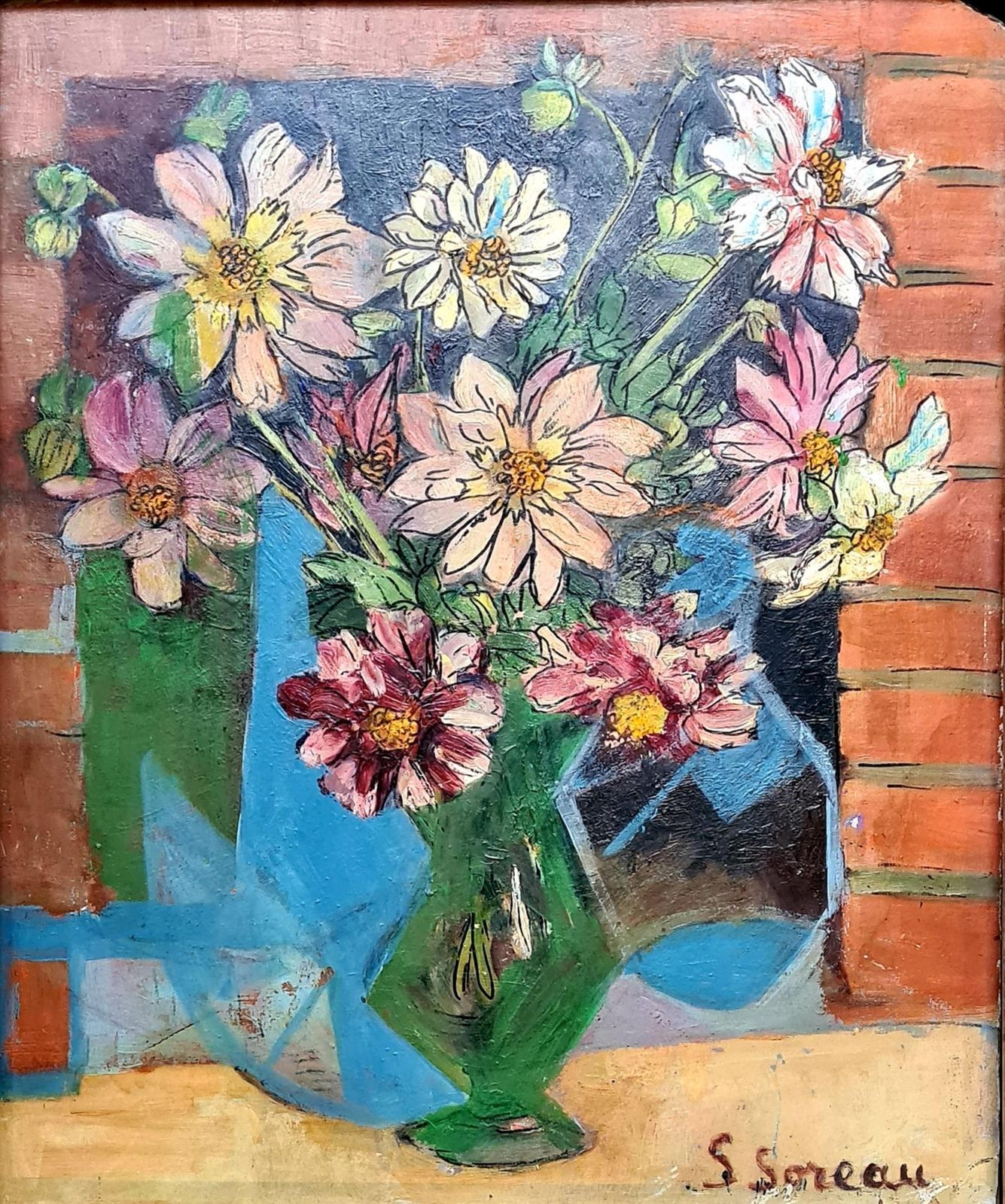 Mid Century Still Life With Flowers In Green Vase, 1960s By S Soreau photo furniture