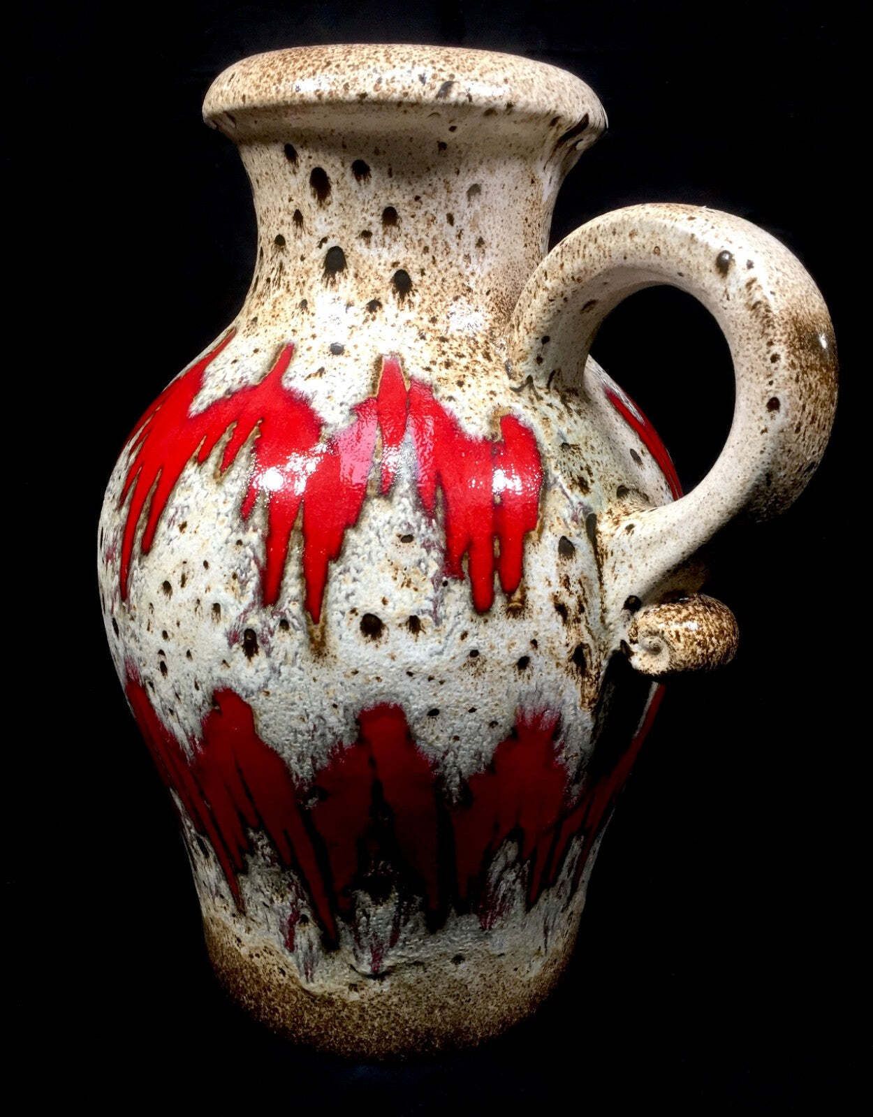 Vintage West German Scheurich Pottery Fat Vase / Large Size Jug / Red / White photo vinterior