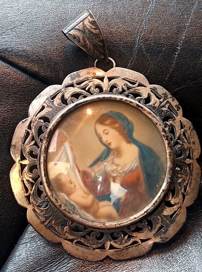 Painting Madonna With Child Ex Voto Perforated Silver Frame