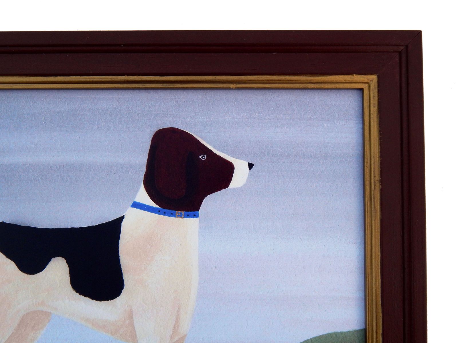 Naive Foxhound Folk Art Dog Print   Blue Collar   In Hand Painted Antique Style Frame By Matt Rix photo for sale