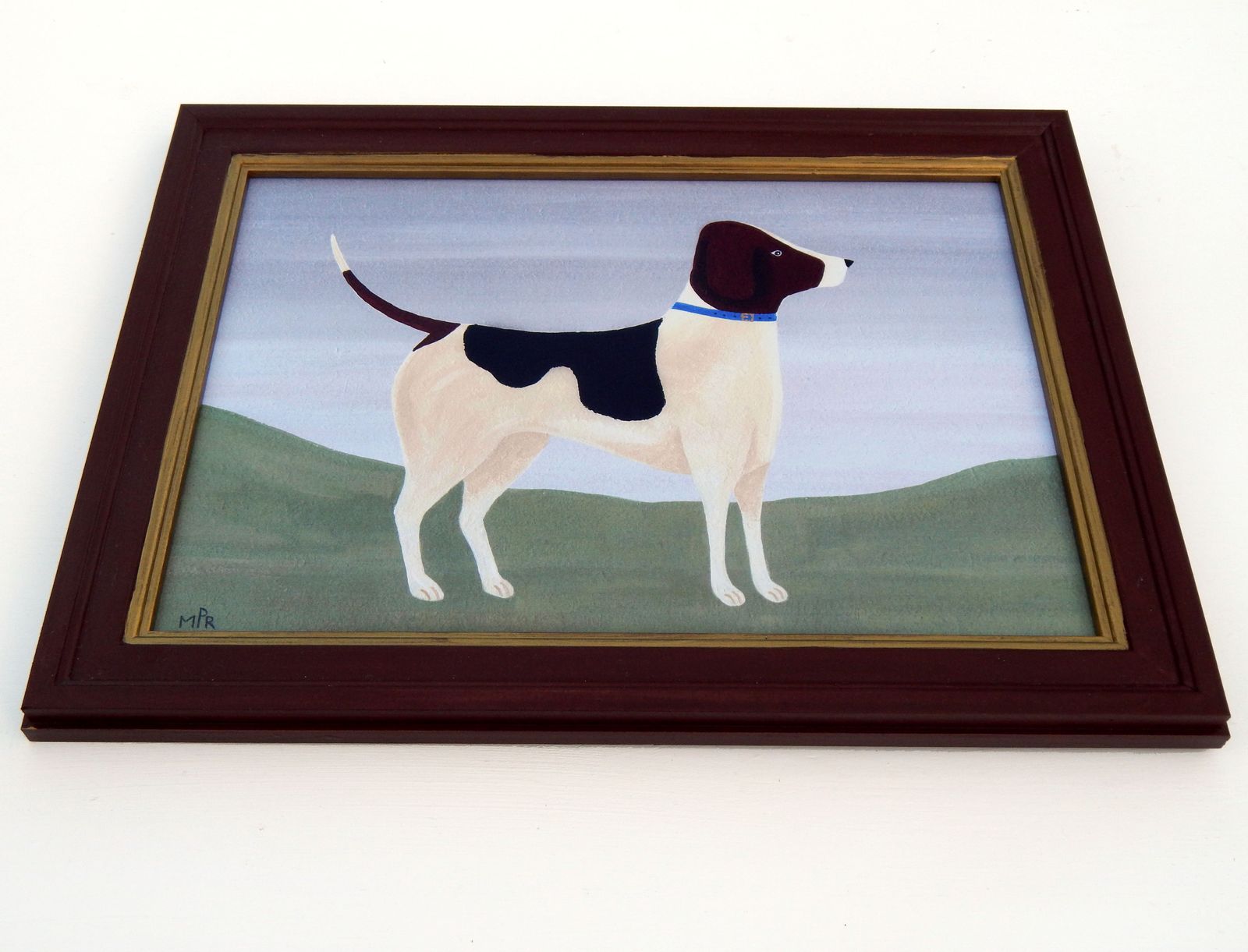 Naive Foxhound Folk Art Dog Print   Blue Collar   In Hand Painted Antique Style Frame By Matt Rix photo 125.0