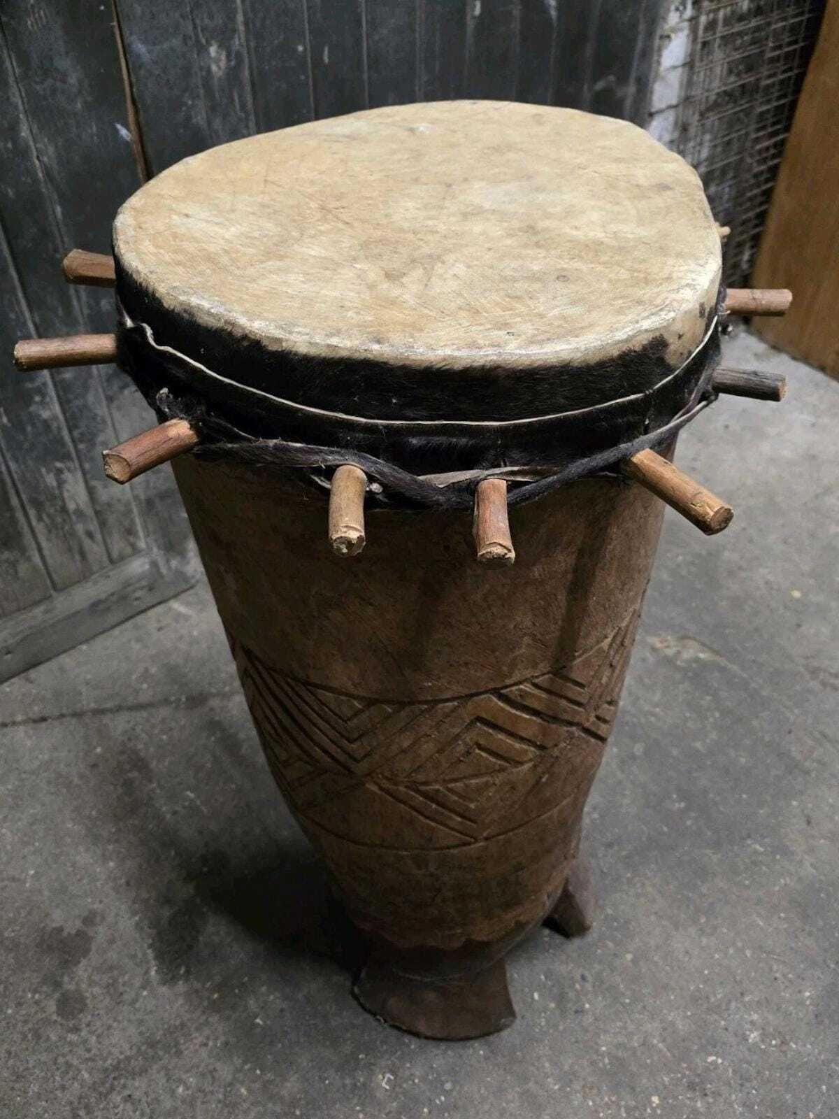 Vintage Large African Carved Wooden Drum photo vintage