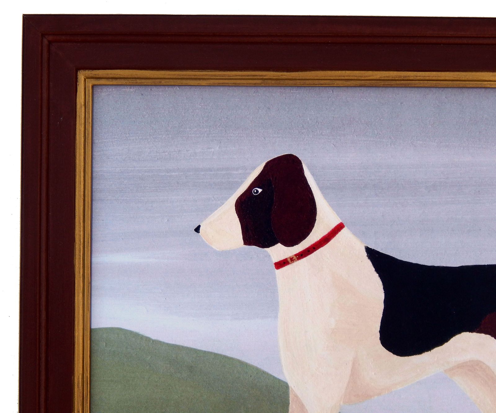 Naive Foxhound Folk Art Dog Print Red Collar In Hand Painted Antique Style Frame By Matt Rix photo 125.0