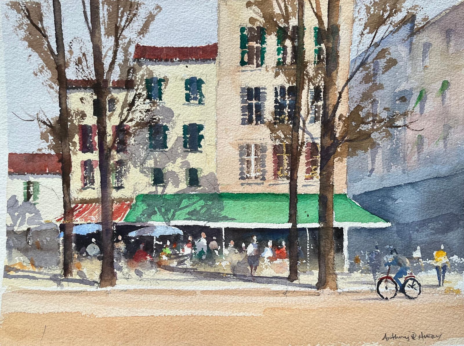 Anthony Avery British Impressionist Watercolor Of A Vibrant Café Scene In A Town Square